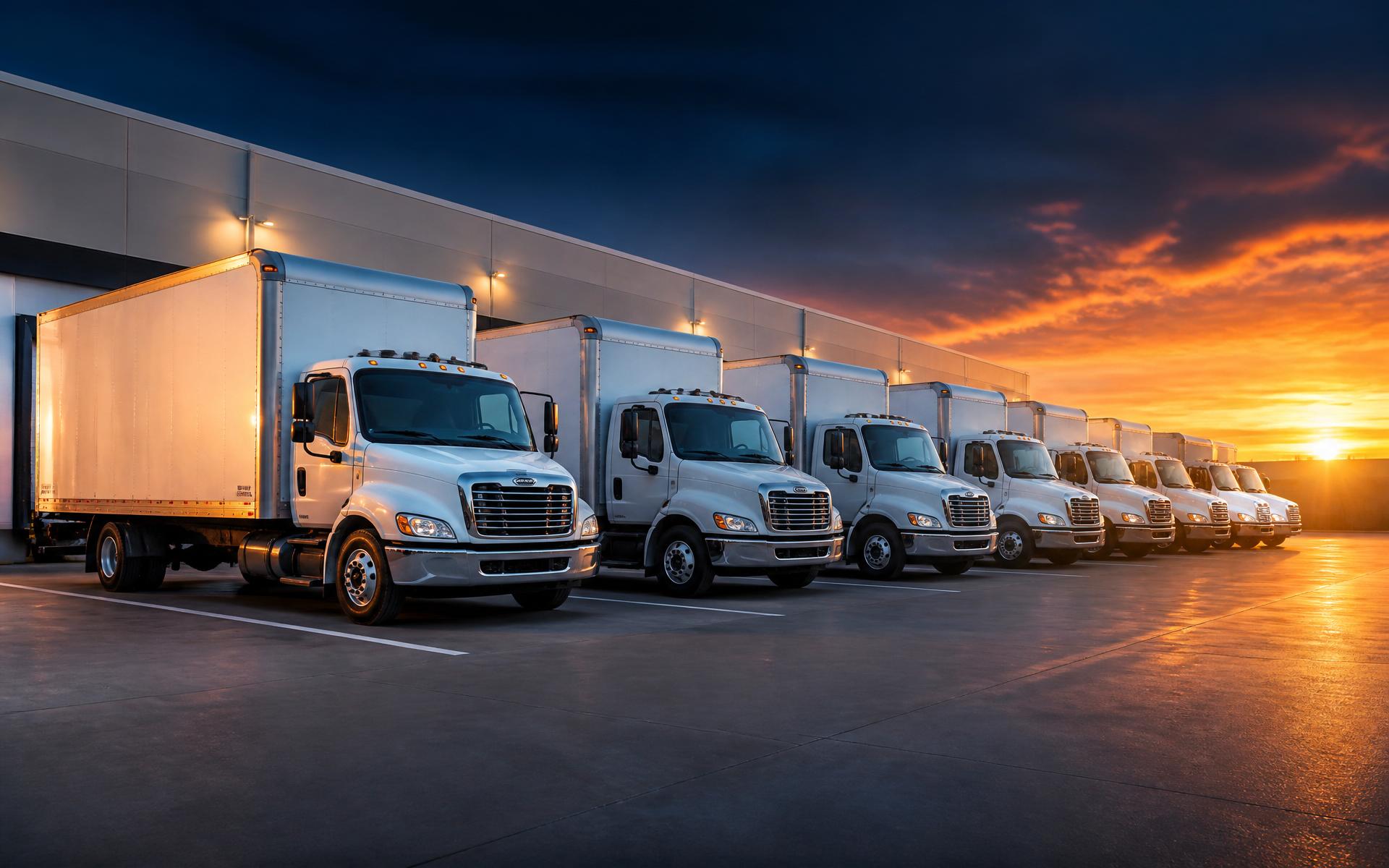 Nine Fold Fleet Force fleet of 26-foot commercial box trucks at dawn